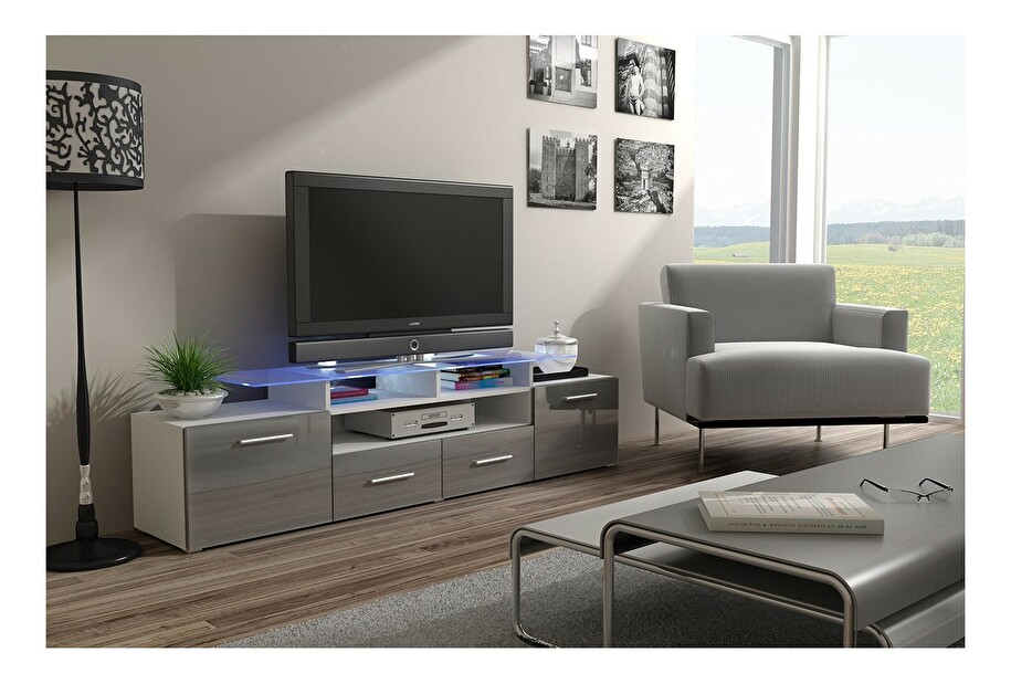 TV stolík + skrinka Blaise (biela + sivý lesk) (osvetlenie LED biele)