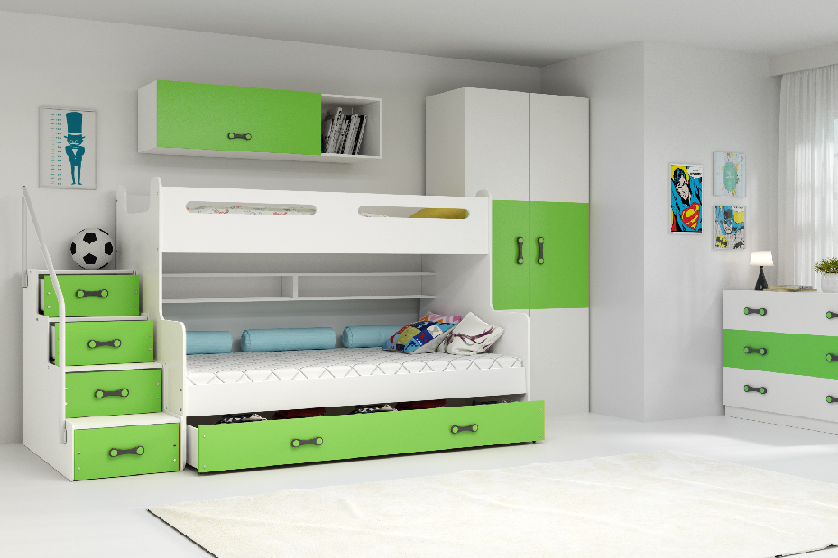 Poschodová posteľ 120 x 200 cm Moxxo 3 (biela + zelená) (s roštami, matracmi a úl. priestorom)