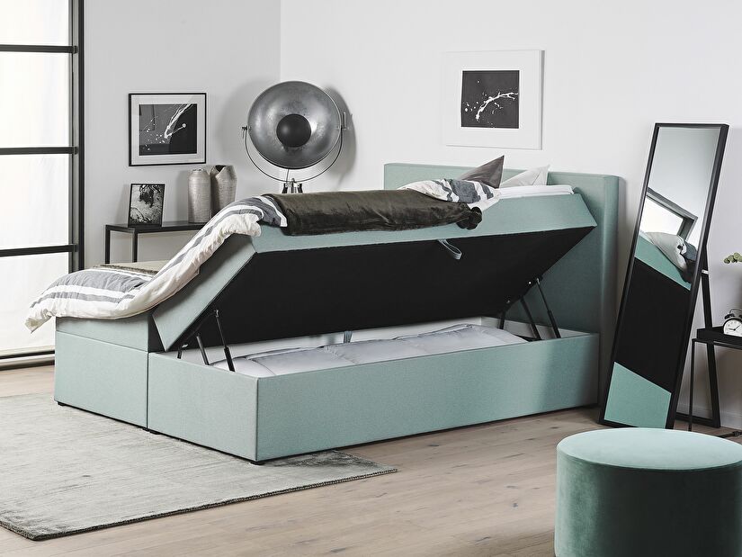 Manželská posteľ Boxspring 160 cm SENNOR (s matracmi a úl. priestorom) (svetlozelená)