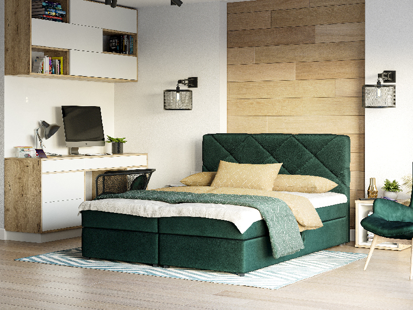 Kontinentálna posteľ 180x200 cm Karum (tmavozelená) (s roštom a matracom)