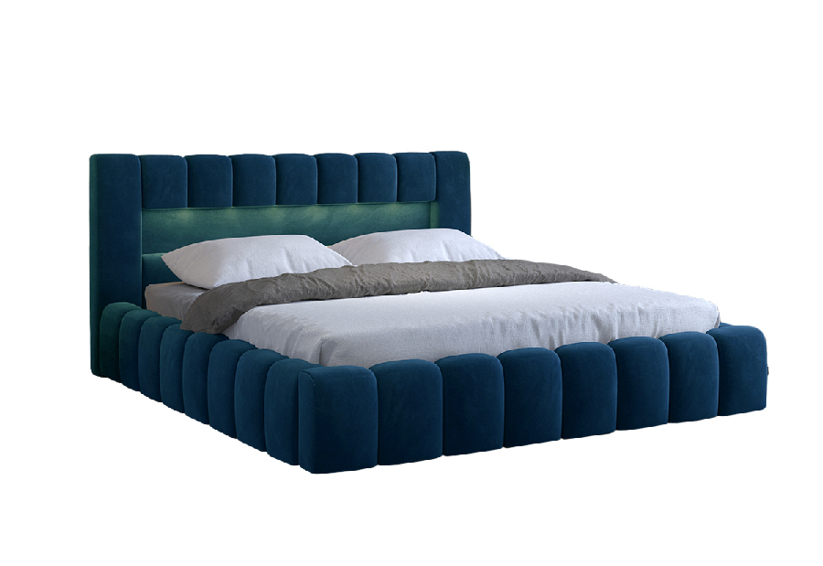 Manželská posteľ 140 cm Luxa (tmavomodrá) (s roštom, úl. priestorom a LED)
