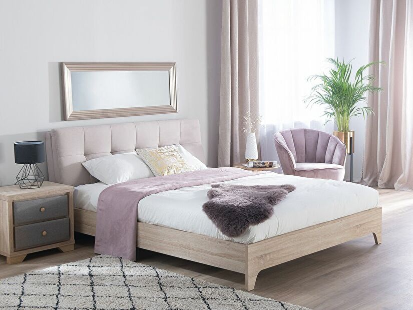 Manželská posteľ 160 cm BERGAMO (s roštom) (béžová + svetlé drevo)