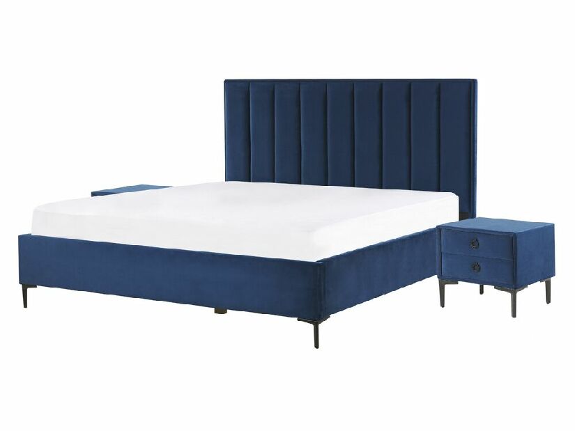 Manželská posteľ 140 cm s nočnými stolíkmi Saturnino (modrá) (s roštom a úložným priestorom)