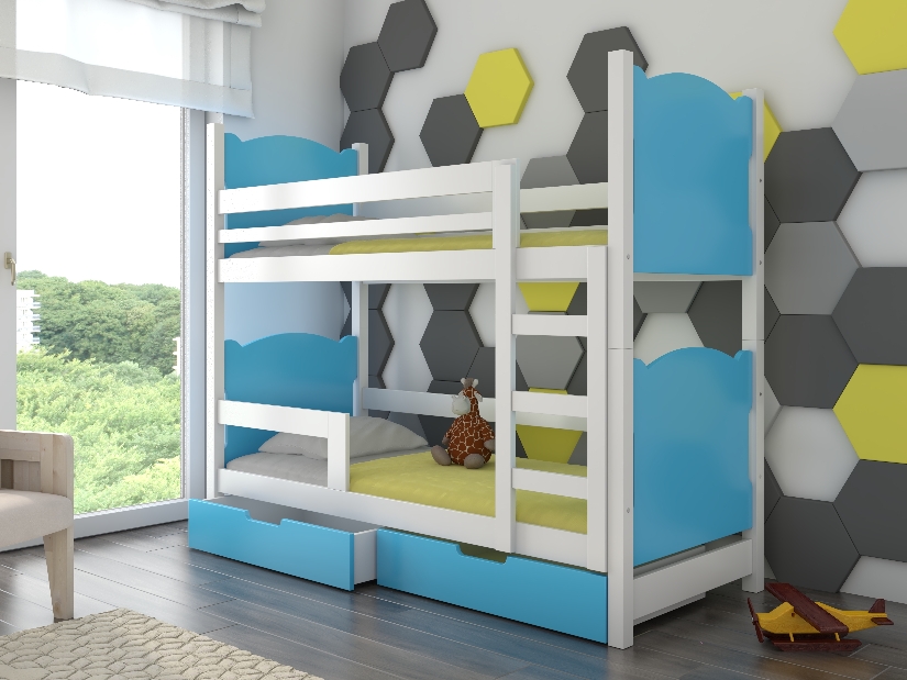 Poschodová detská posteľ 180x75 cm Marryann (s roštom a matracom) (biela + modrá)