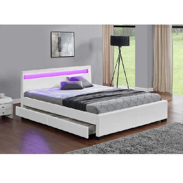 Manželská posteľ 180 cm Miss (s roštom, osvetlením a úl. priestorom) (biela) *výpredaj