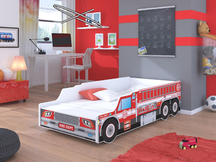 Detská posteľ 140x70 cm Požiarnik (s roštom a matracom) (červená)