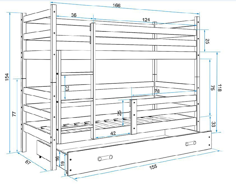 Poschodová posteľ 80 x 160 cm Eril B (biela + modrá) (s roštami, matracmi a úl. priestorom)