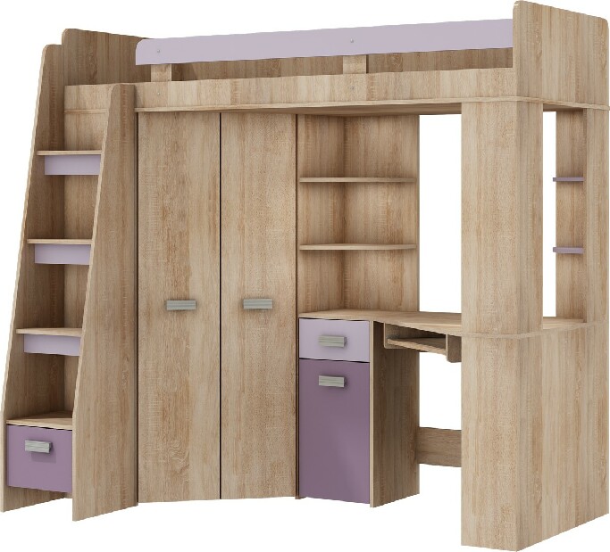 Rohová poschodová posteľ Antresola (P) Sonoma + fialová (s roštom) *výpredaj