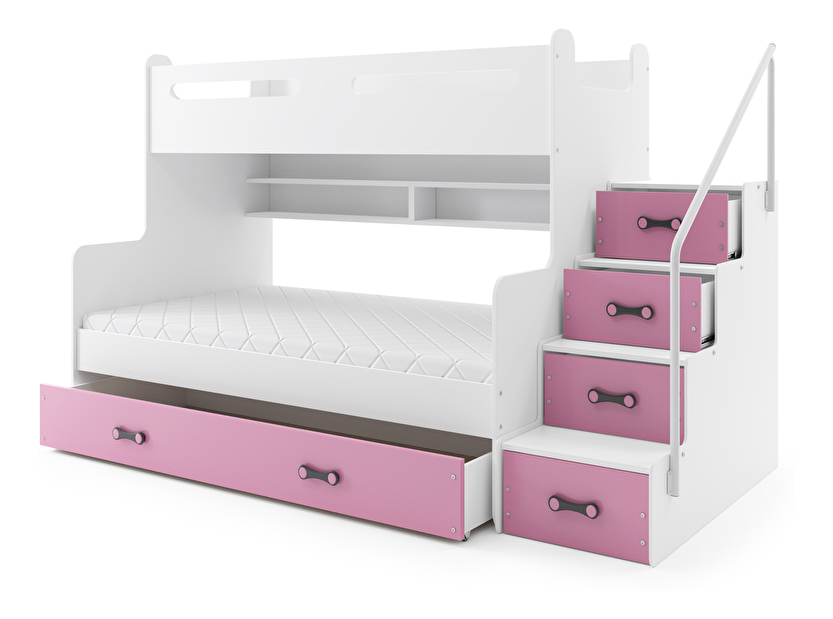 Poschodová posteľ 120 x 200 cm Moxxo 3 (biela + ružová) (s roštami, matracmi a úl. priestorom)