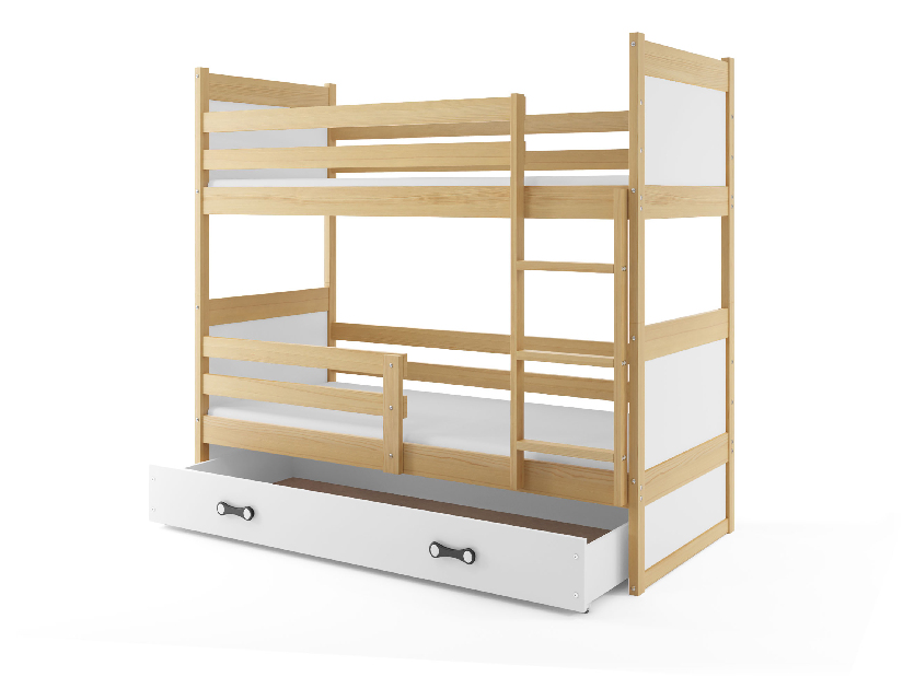 Poschodová posteľ 80 x 190 cm Ronnie B (borovica + biela) (s roštami, matracmi a úl. priestorom)