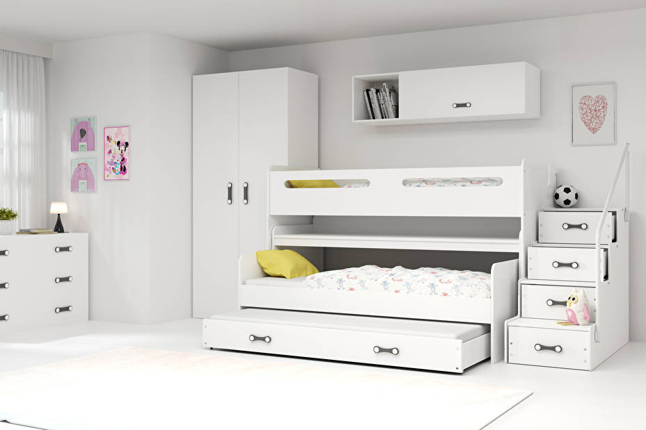 Poschodová posteľ 80 x 200 cm Moxxo 1 (biela + biela) (s roštami, matracmi a úl. priestorom)