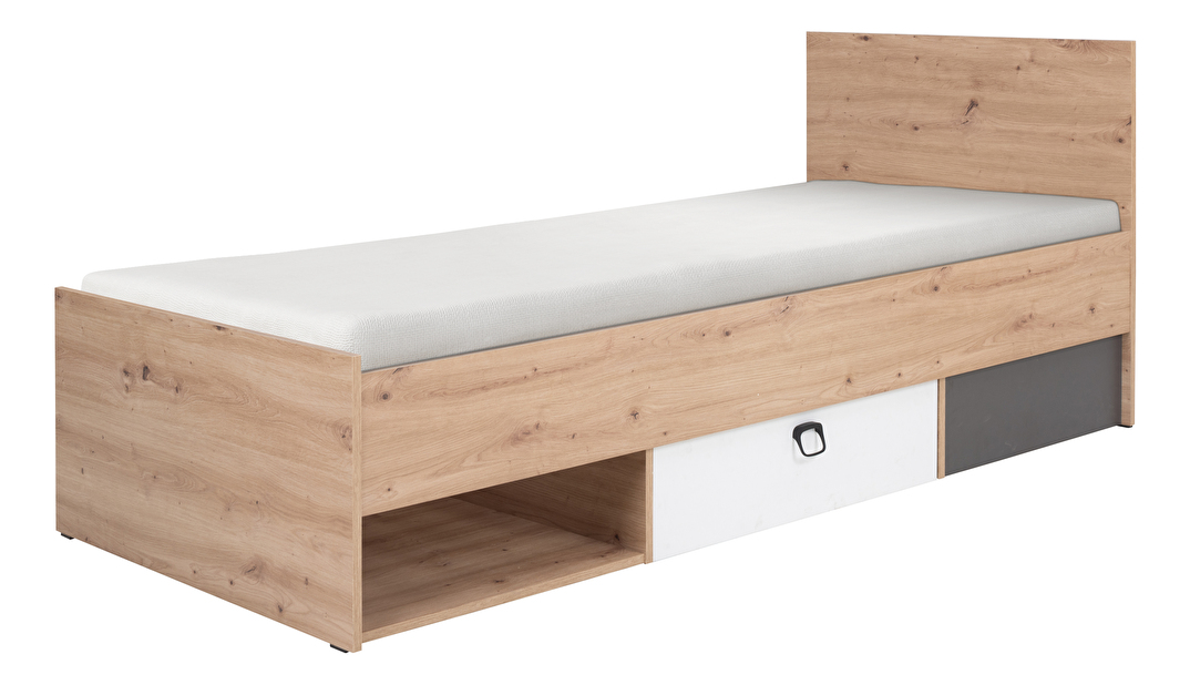 Jednolôžková posteľ 90x200 cm Kevyt 11 (dub artisan + biela + grafit) (s roštom a matracom)