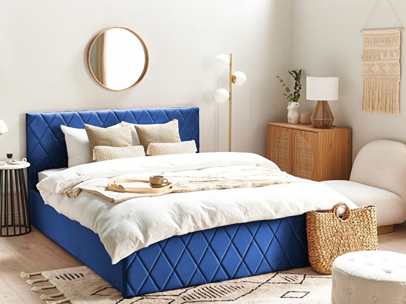 Manželská posteľ 160 cm Rhett (modrá) (s roštom a úložným priestorom)