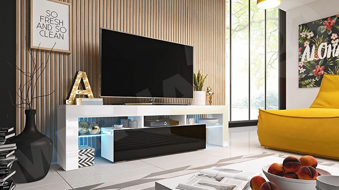 TV stolík/skrinka Gordo 158 (s modrým LED osvetlením) (biela + čierny lesk) *výpredaj