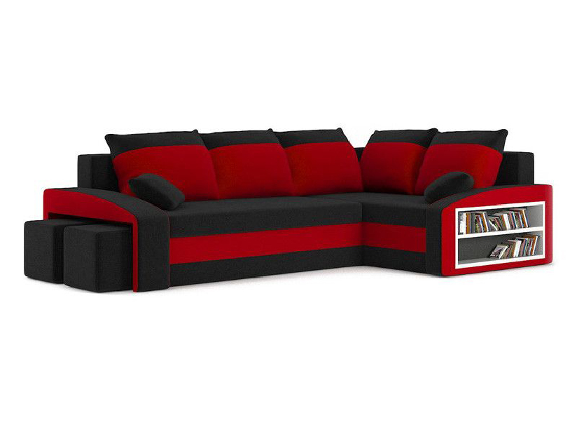 Rohová sedačka Ginevra (čierna + červená) (s poličkou a taburetkou) (P)