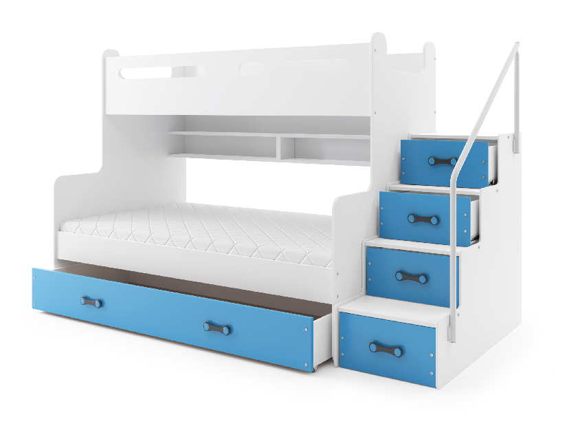Poschodová posteľ 120 x 200 cm Moxxo 3 (biela + modrá) (s roštami, matracmi a úl. priestorom)