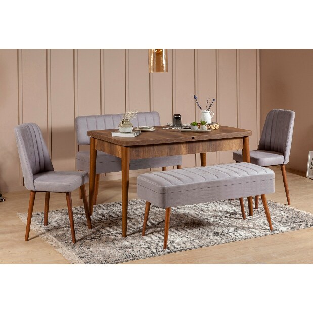 Rozkladací jedálenský stôl s 2 stoličkami a 2 lavicami Vlasta (orech + sivá)