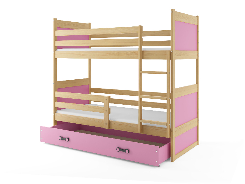 Poschodová posteľ 80 x 160 cm Ronnie B (borovica + ružová) (s roštami, matracmi a úl. priestorom)