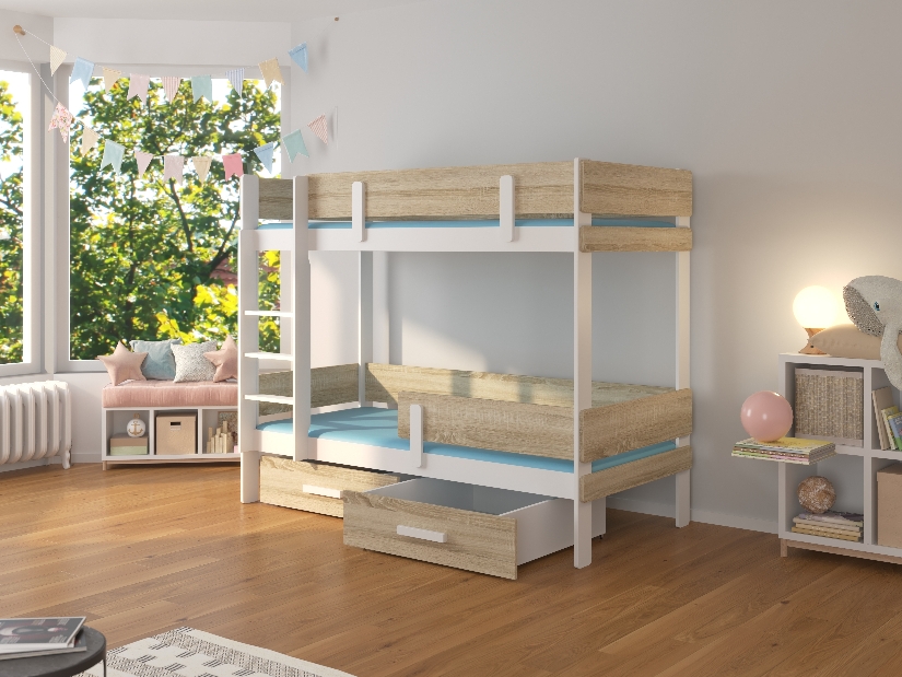 Poschodová detská posteľ 200x90 cm Ellen (s roštom a matracom) (biela + dub sonoma)
