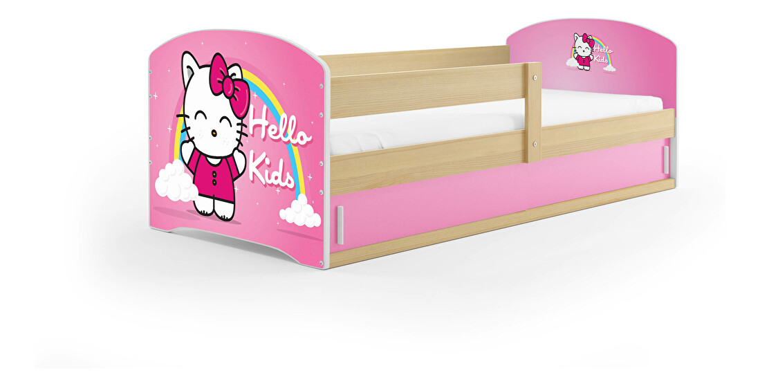 Detská posteľ 80 x 160 cm Lukan (borovica + vzor hello kids) (s roštom, matracom a úl. priestorom)