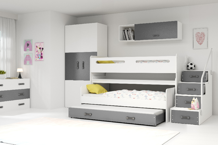 Poschodová posteľ 80 x 200 cm Moxxo 1 (biela + grafit) (s roštami, matracmi a úl. priestorom)