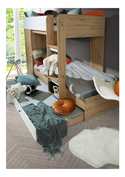Detská kombinovaná posteľ 90 cm Sami 2 (dub artisan + matná biela + čierne madlá)