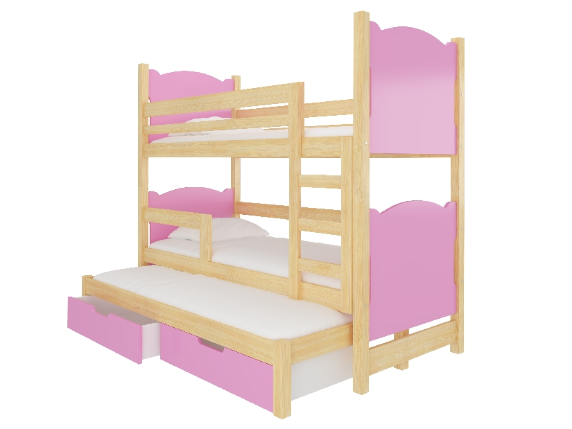 Poschodová detská posteľ 180x75 cm Lukrécia (s roštom a matracom) (borovica + ružová)