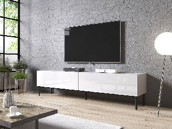 TV skrinka/stolík 200 s kovovým rámom Kody (Biely + Biely lesk + Čierny)