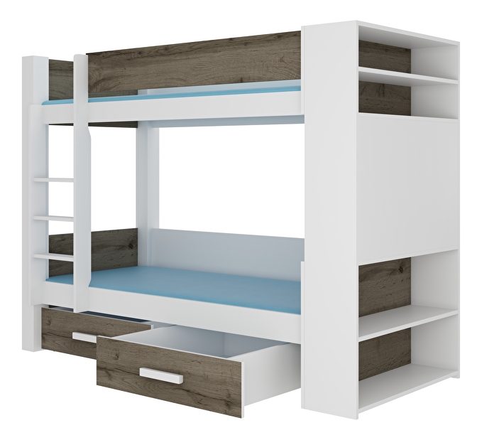 Poschodová detská posteľ 180x80 cm Gabriela (s roštom a matracom) (biela + dub sivý)