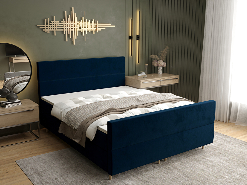 Manželská posteľ Boxspring 180 cm Flu Plus Comfort (tmavomodrá) (s matracom a úložným priestorom)