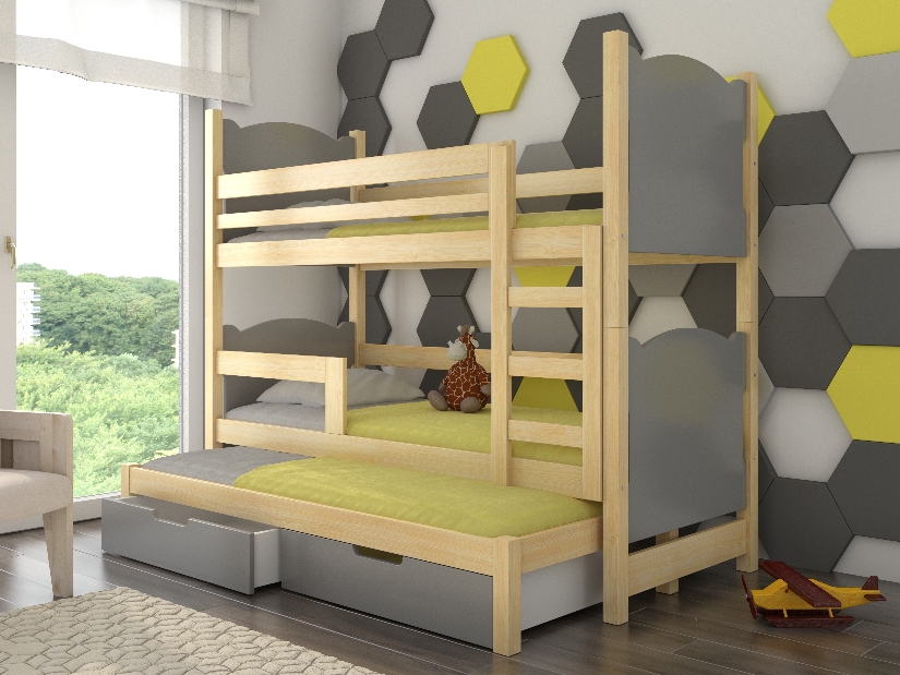 Poschodová detská posteľ 180x75 cm Lukrécia (s roštom a matracom) (borovica + sivá)