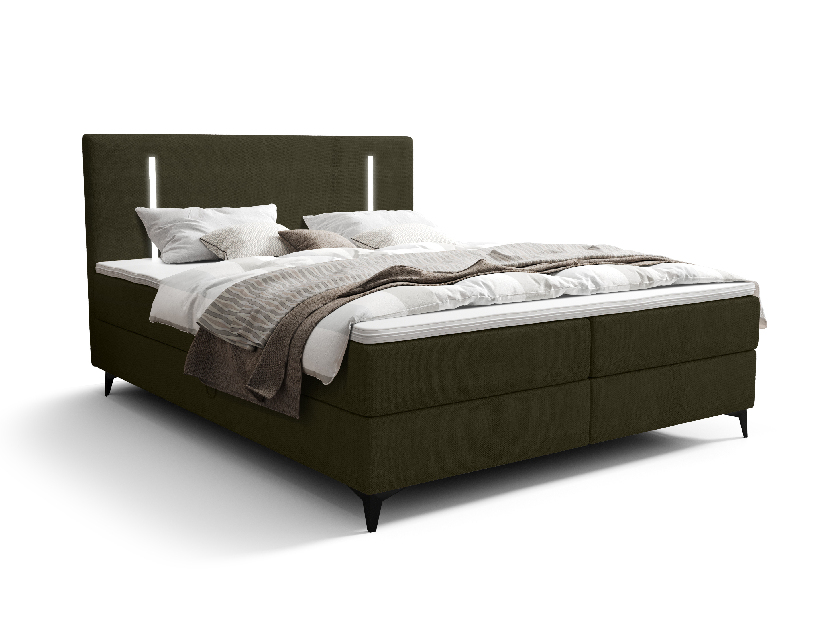 Manželská posteľ 200 cm Ortega Comfort (olivová zelená) (s roštom a matracom, s úl. priestorom) (s LED osvetlením)
