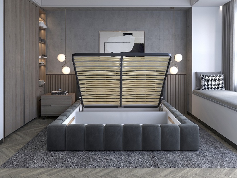 Manželská posteľ 140 cm Luxa (horčičová) (s roštom, úl. priestorom a LED)
