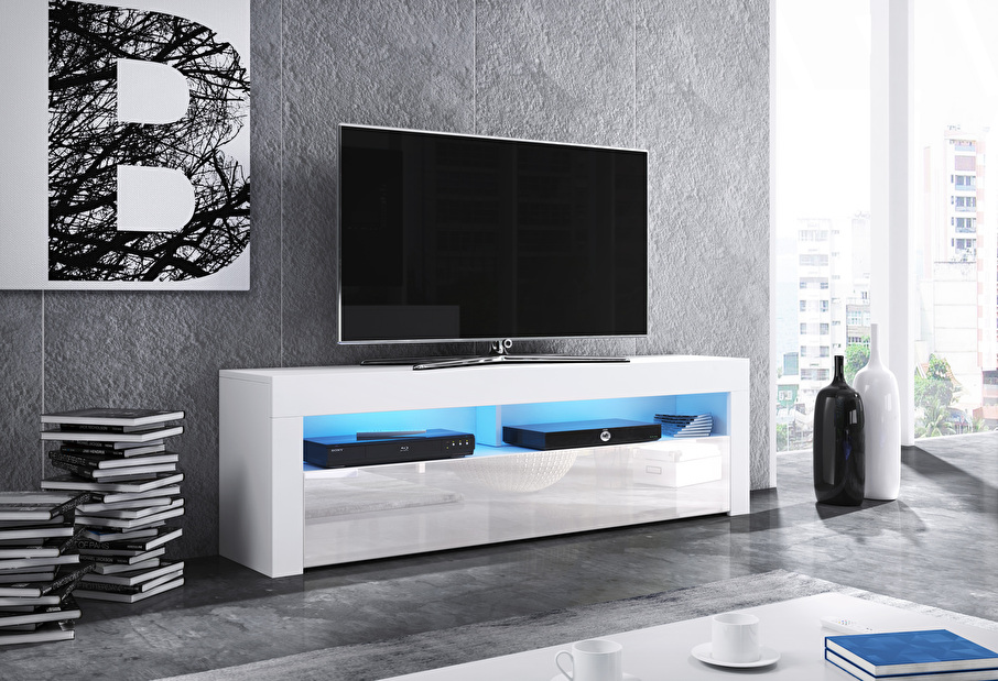 TV stolík/skrinka Mex (biela matná + biely lesk) (s LED) *výpredaj
