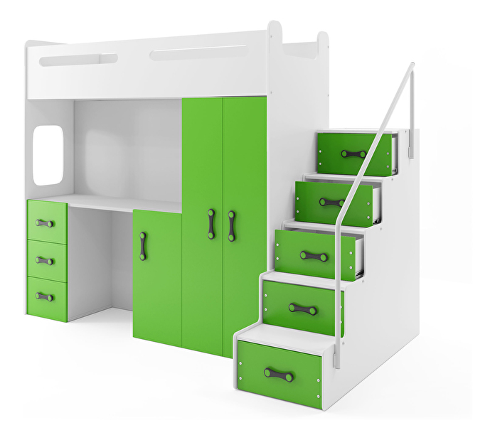 Poschodová posteľ 80 x 200 cm Moxxo 4 (biela + zelená) (s roštami, matracmi a úl. priestorom)