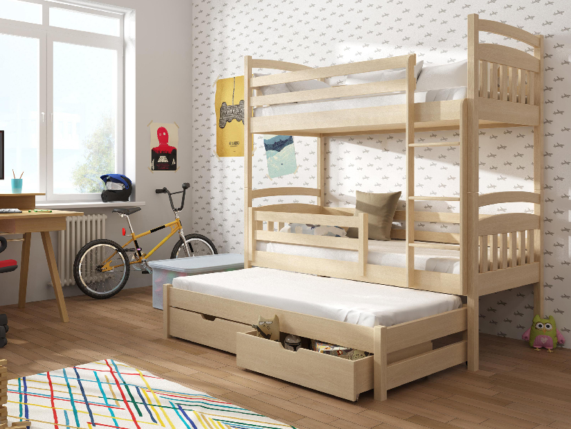 Detská posteľ 90 x 200 cm ANNETT (s roštom a úl. priestorom) (borovica)