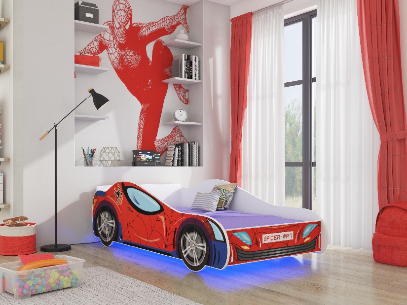 Detská posteľ 160x780 cm Spiderman (s roštom a matracom) (modrá + červená)