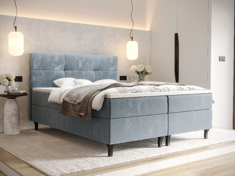 Manželská posteľ Boxspring 160 cm Lumba Comfort (svetlomodrá) (s matracom a úložným priestorom)