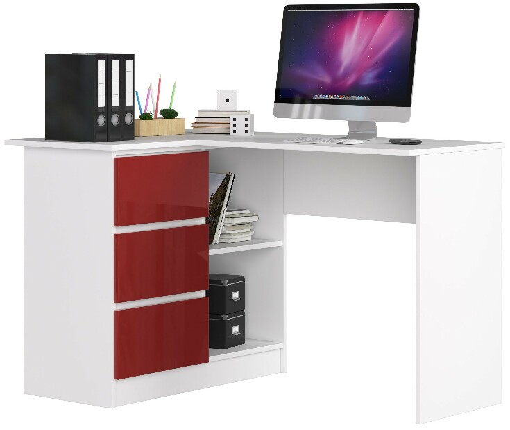 Rohový PC stolík Bodhi (biela + červený lesk) (L)
