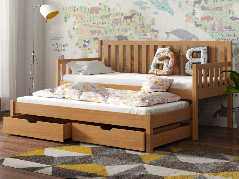 Detská posteľ 90 x 200 cm SUZI (s roštom a úl. priestorom) (buk)