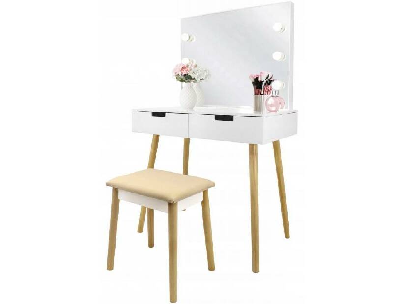Toaletný stolík s taburetkou Omiko (s LED osvetlením) (biela + béžová)