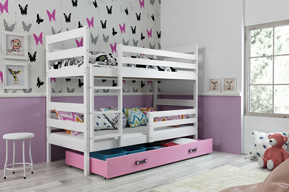 Poschodová posteľ 90 x 200 cm Eril B (biela + ružová) (s roštami, matracmi a úl. priestorom)