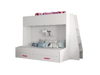Detská kombinovaná posteľ 90 cm Puro 17 (matná biela + biely lesk + ružové úchytky)