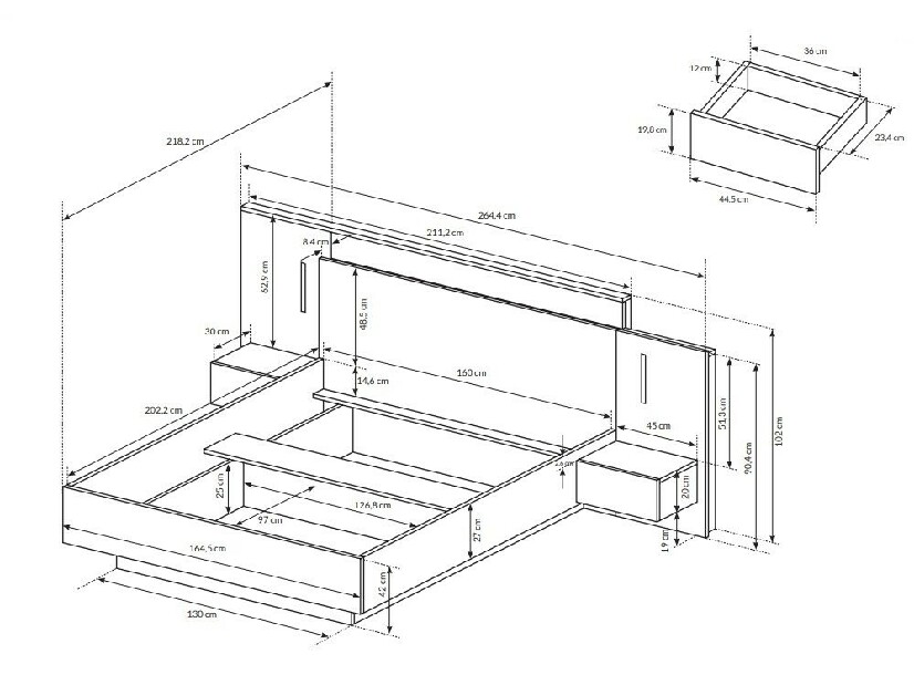 Manželská posteľ 160 cm s nočnými stolíkmi Three (s úložným priestorom) (s osvetlením) (dub craft zlatý + biela)