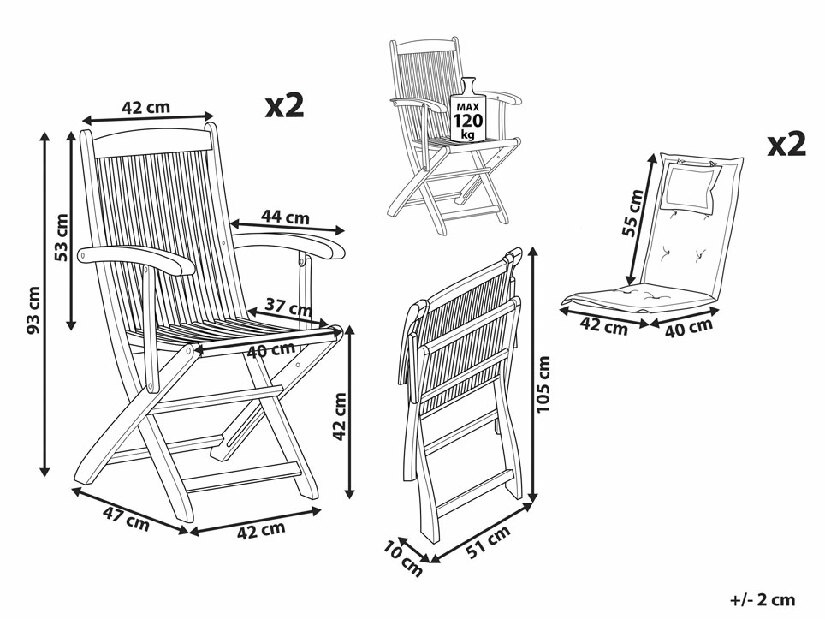 Set 2 ks. záhradných stoličiek Mali (tmavosivá) (s vankúšmi)