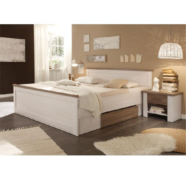 Manželská posteľ 180 cm Dawa (ul. priestor + 2ks stolík) (biela + dub sonoma) *výpredaj