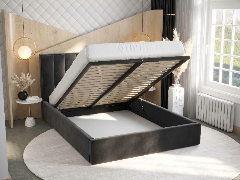 Manželská posteľ 180 cm Ocie (tmavosivá) (s roštom a úložným priestorom)