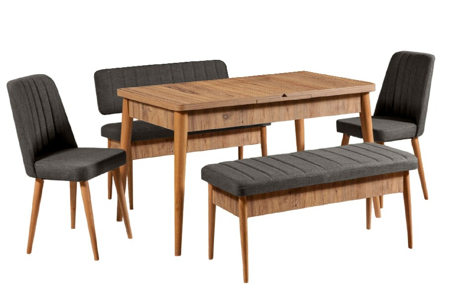 Rozkladací jedálenský stôl s 2 stoličkami a 2 lavicami Vlasta (borovica antlantic + antracit)