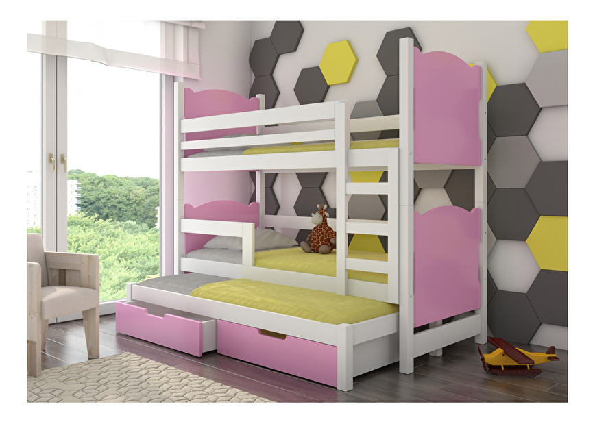 Poschodová detská posteľ 180x75 cm Lukrécia (s roštom a matracom) (biela + ružová)