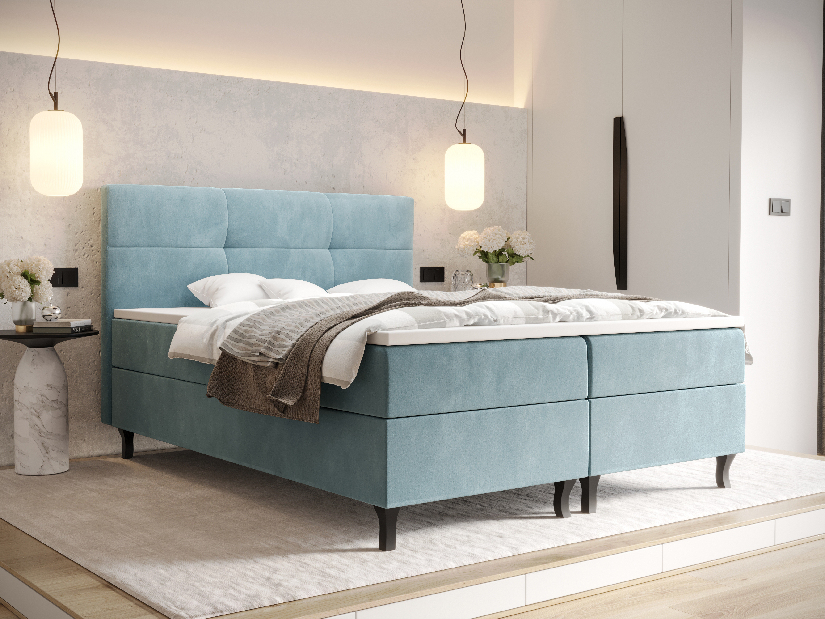 Manželská posteľ Boxspring 160 cm Lumba (sivomodrá) (s matracom a úložným priestorom)
